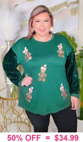 Gingerbread man patch top with Green Velvet / Sequin long sleeves