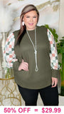Olive Green top with checkered sleeves