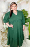 S, M, 2X, 3X : Green ruffle trim tiered dress