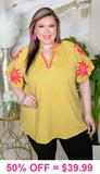 Mustard blouse Hot pink embroidery flowers
