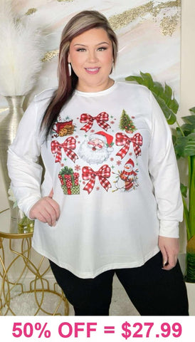 XL, 2X, 3X Christmas bows & Santa white long sleeve top