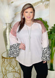 Blush Waffle Knit top Sequin Shoulders and Leopard Bell Sleeves