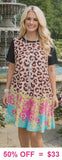 Leopard Dress with pink, turquoise, & gold scroll