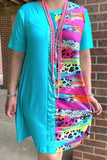 Turquoise Dress with sequins and multi color leopard