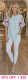 M, 3X Blue Stripe Beautiful Embroidery Sleeve Top