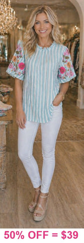 Blue stripe embroidery sleeve top