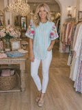 M, 3X Blue Stripe Beautiful Embroidery Sleeve Top