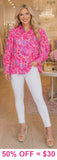 Pink Printed Long Sleeve Collar Top