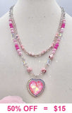 Pink Heart Gem necklace with 2 beaded strands