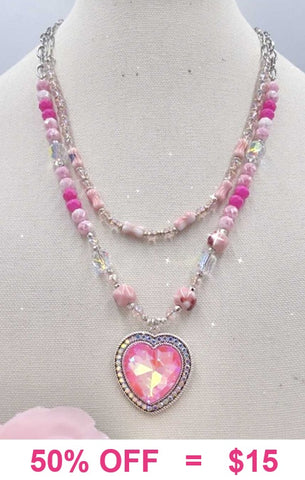 Pink Heart Gem necklace with 2 beaded strands