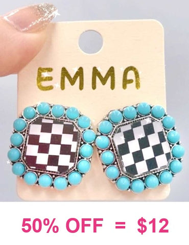 Turquoise beaded Checkered stud earrings