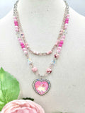 Pink Heart Gem necklace with 2 beaded strands