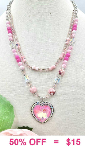 Pink Heart Gem necklace with 2 beaded strands