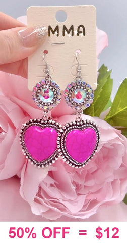 Hot Pink stone Heart bling dangle earrings