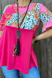 Pink top with leopard and scroll print ruffle sleeves