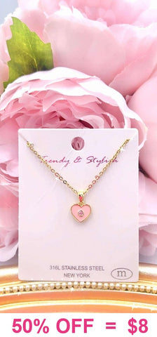Pink Heart bling charm gold necklace