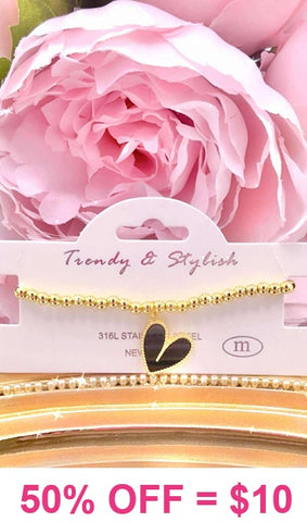 Black heart charm Gold beaded bracelet