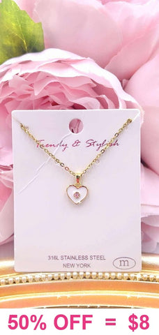 White Heart bling charm gold necklace