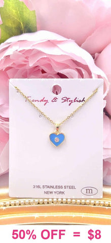 Blue Heart bling charm gold necklace