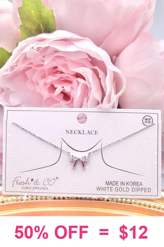 Bling Bow pendant on Silver chain necklace