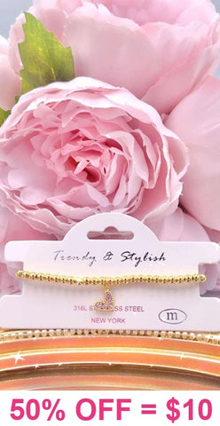 Rhinestone Heart charm Gold beaded bracelet