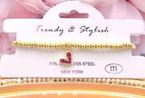 Pink Rhinestone Heart charm Gold beaded bracelet
