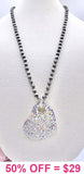 Bling Heart long silver beaded necklace