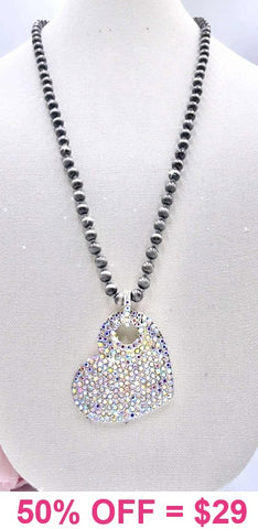 Bling Heart long silver beaded necklace