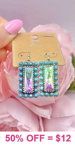 Bling AB Rectangle earrings with turquoise trim