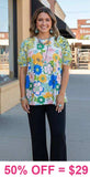 S, M, L,2X, 3X Blue & Yellow floral blouse with lace details