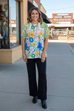 S, M, L,2X, 3X Blue & Yellow floral blouse with lace details