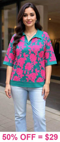 Teal & Pink floral collar top