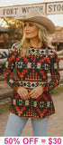 L, XL, 2X : Rust Tribal print long sleeve top