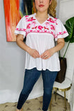 White Top with Pink Embroidery