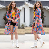 Coral Duster with blue floral print
