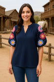 Navy Blouse With Embroidery Puff sleeve