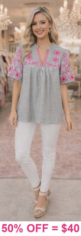 Grey stripe baby doll top with pink embroidery