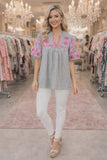 S,M L, XL  Grey stripe baby doll top with pink embroidery