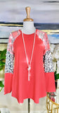 S, M, L, 3X Coral Top with plaid and leopard long sleeves.