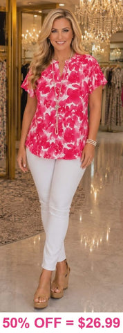 Pink & White top with flutter cap sleeves