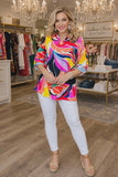 Multi color Leaf print top, Roll tab sleeves