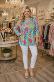 Turquoise Floral roll tab long sleeve top
