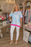 White & Turquoise Bandana Top With Pink Trim
