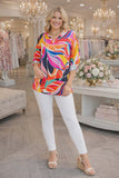 Multi color Leaf print top, Roll tab sleeves