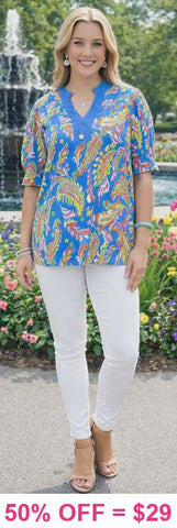 Blue paisley top puff sleeves