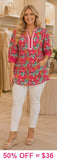 Pink printed blouse with stripe v-neck