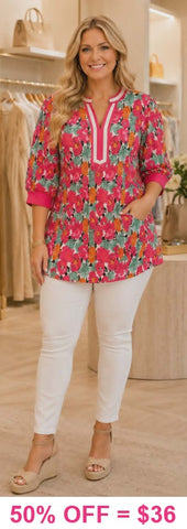 Pink printed blouse with stripe v-neck