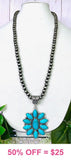 Long Silver Navajo Pearl Necklace with Large Turquoise flower concho pendant