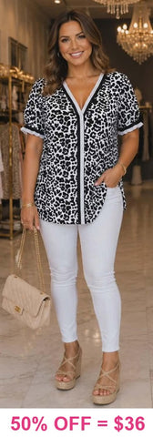 Leopard blouse with stripe trim v-neck
