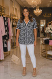 Leopard blouse with stripe trim v-neck